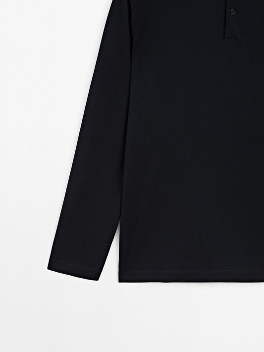 Long sleeve mercerised cotton pique polo shirt
