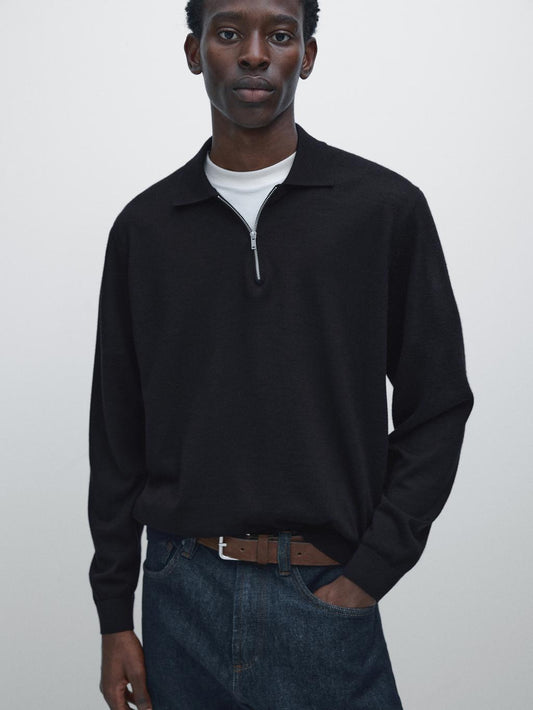 Merino wool knit polo sweater