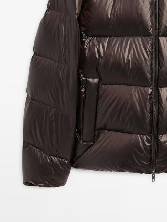 Water-repellent satin puffer jacket