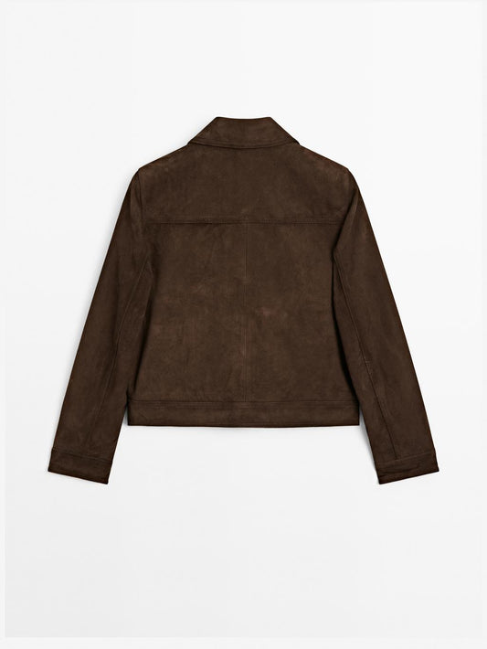 Cropped suede leather-lined jacket with buttons
