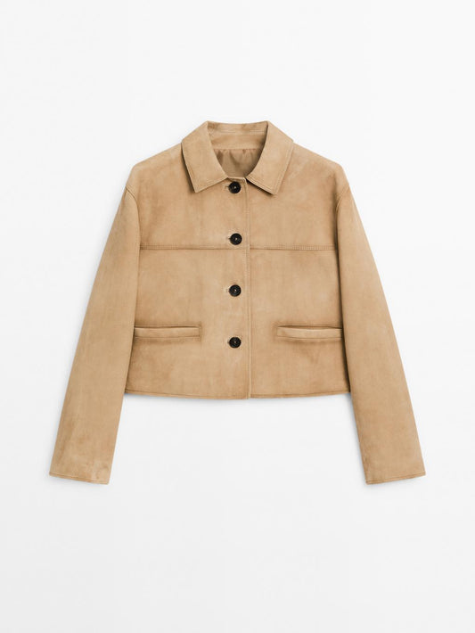 Short suede leather jacket with topstitching