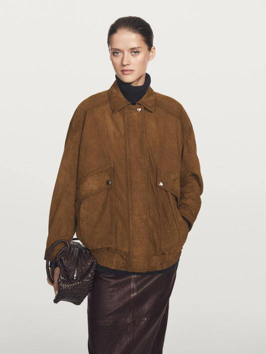 Suede leather bomber jacket with pockets