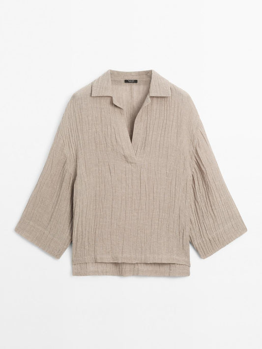 Flowing linen blend blouse with open neckline