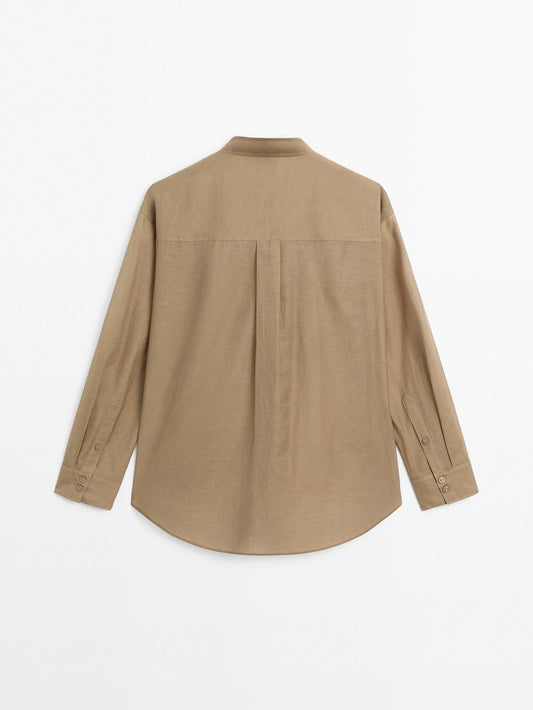 Long shirt with stand collar