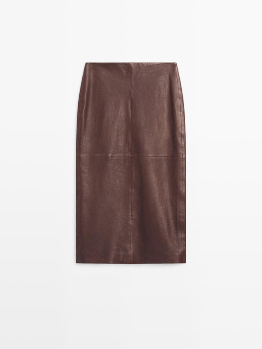 Straight nappa leather midi skirt
