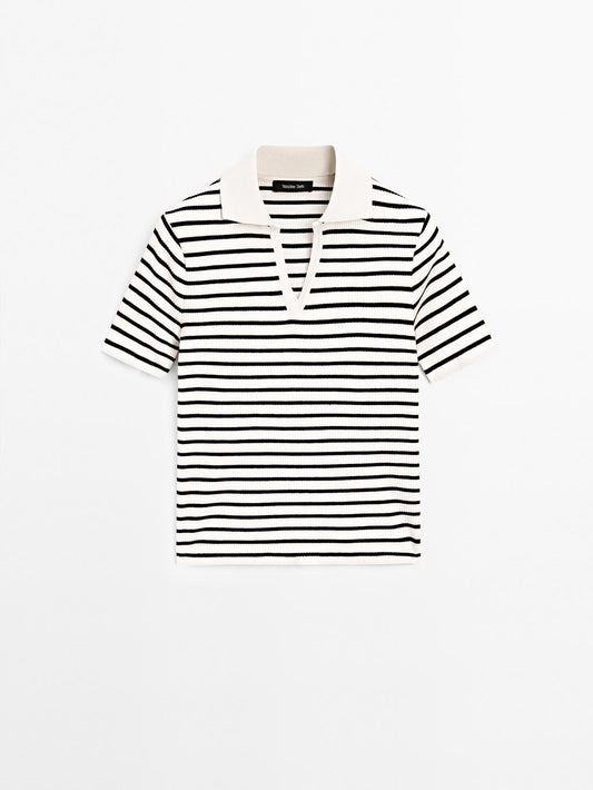 Striped cotton blend polo T-shirt