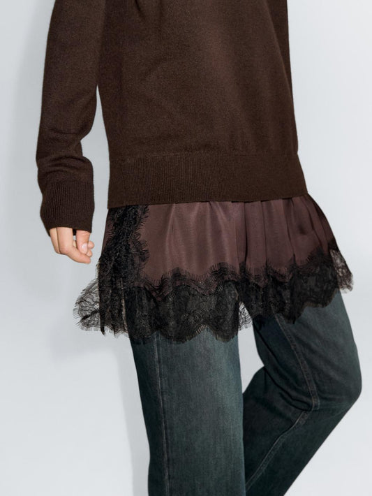 Long knit sweater with contrast lace