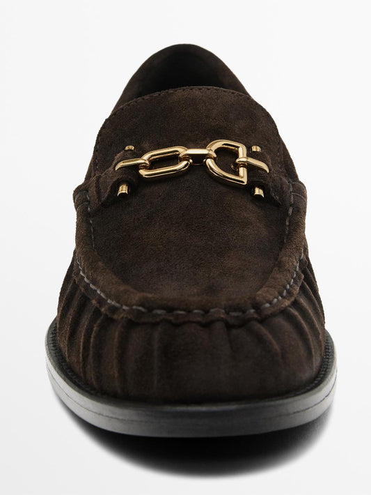 Split suede loafers with metal applique
