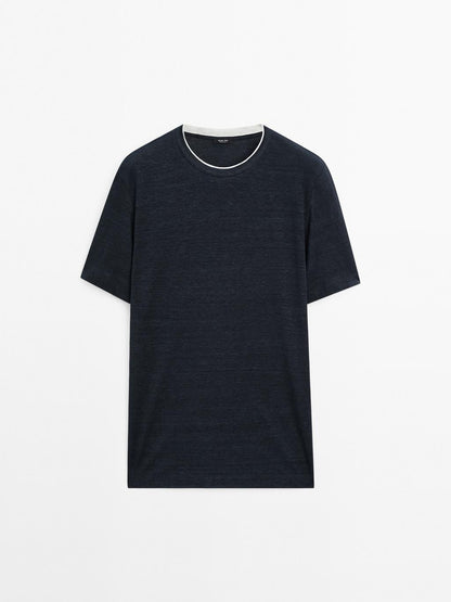 Linen blend contrast knit T-shirt