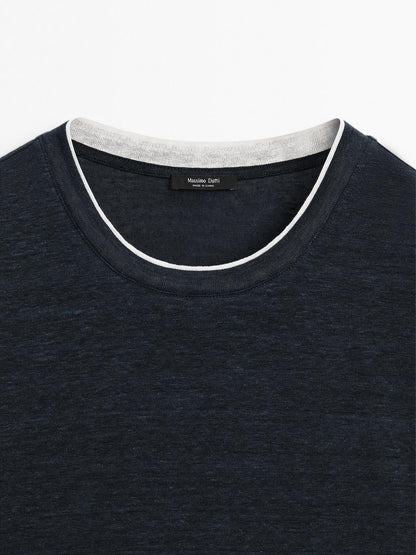 Linen blend contrast knit T-shirt