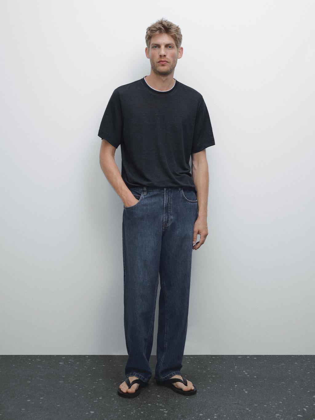 Linen blend contrast knit T-shirt