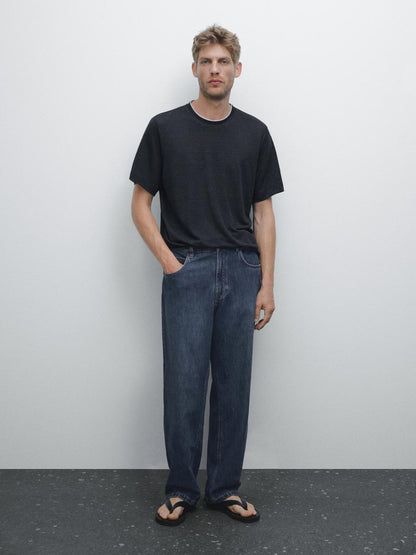 Linen blend contrast knit T-shirt