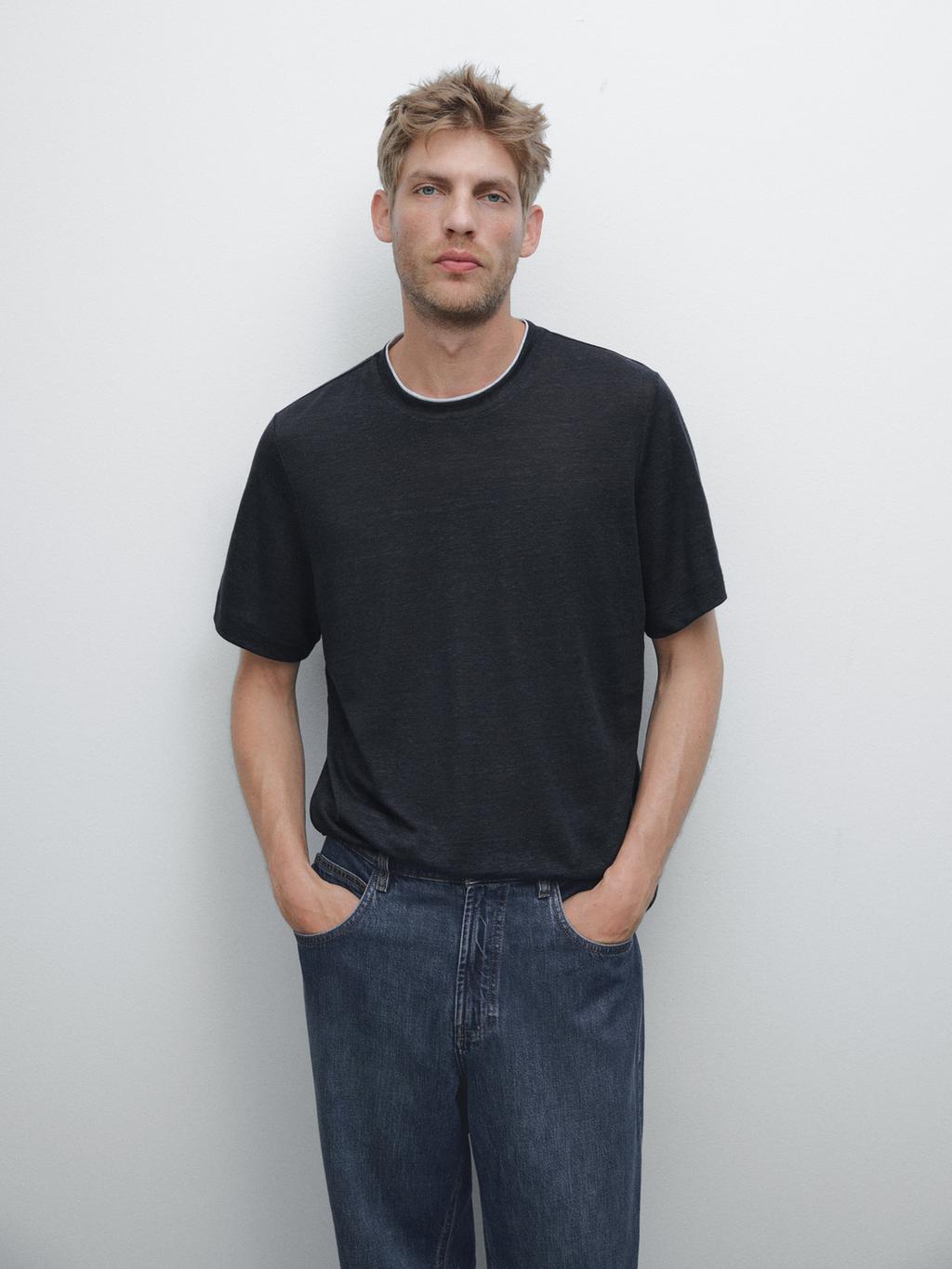 Linen blend contrast knit T-shirt