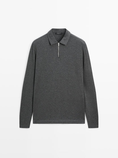 Long sleeve polo shirt with zip-up collar