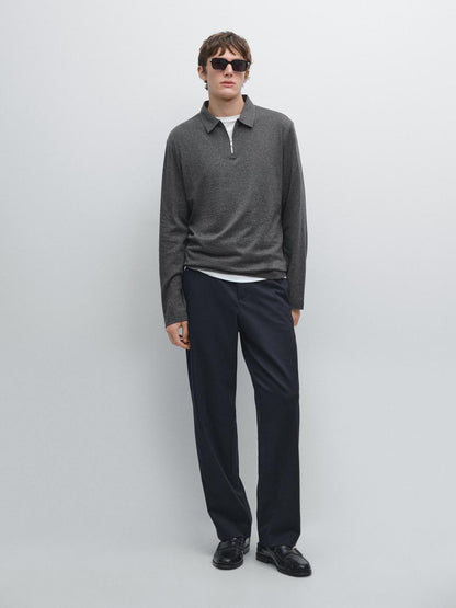 Long sleeve polo shirt with zip-up collar