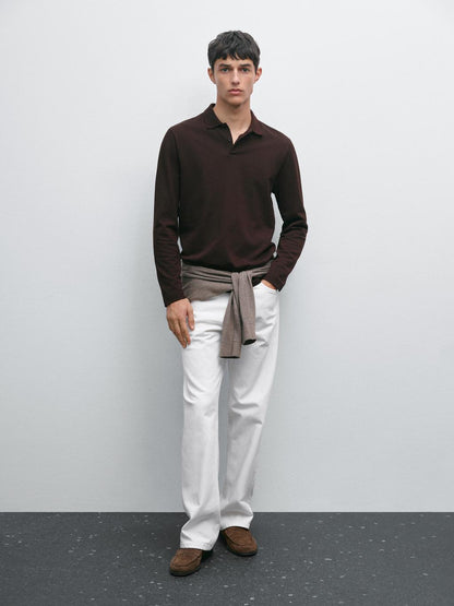 Long sleeve mercerised cotton pique polo shirt