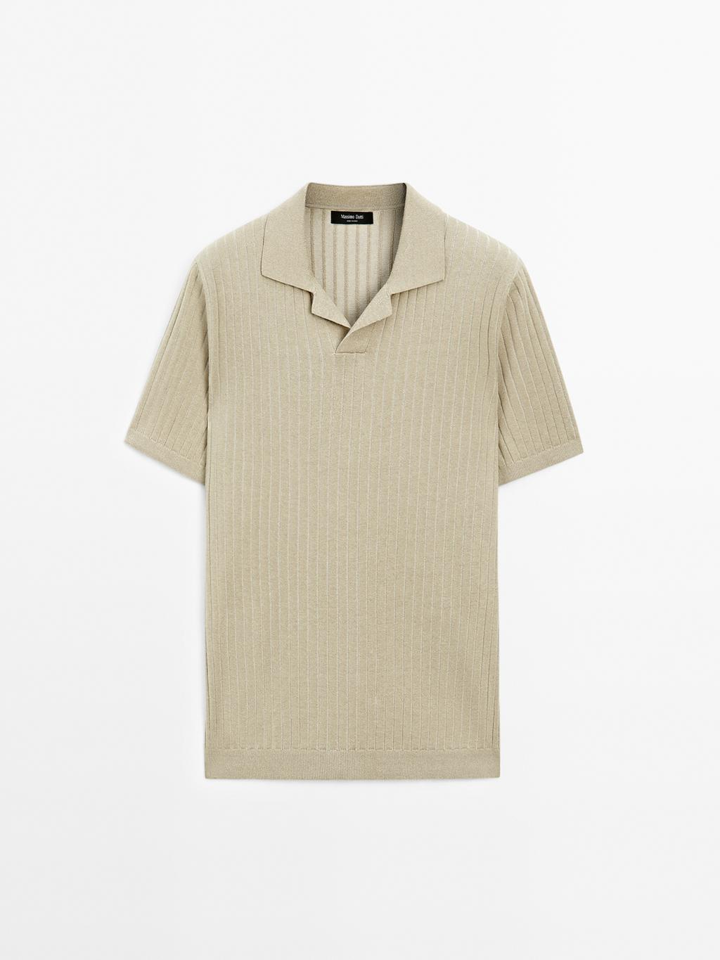 Ribbed knit short sleeve polo shirt