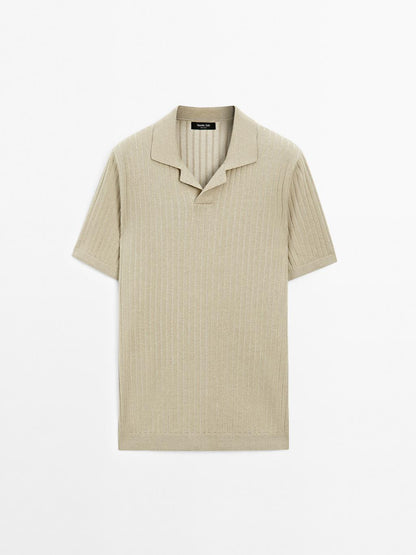 Ribbed knit short sleeve polo shirt
