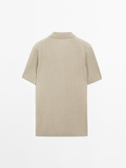 Ribbed knit short sleeve polo shirt