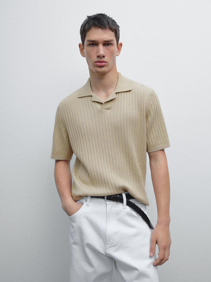 Ribbed knit short sleeve polo shirt