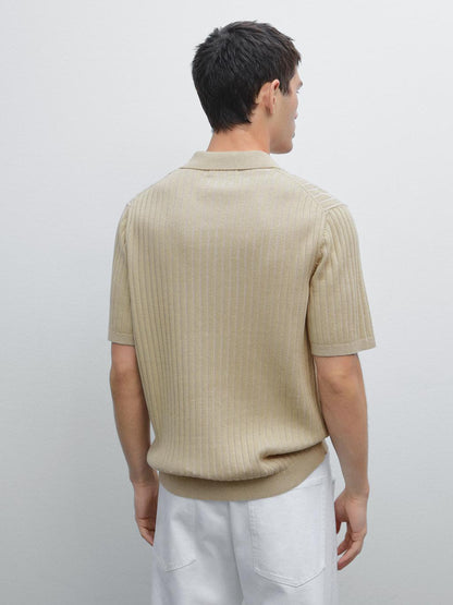 Ribbed knit short sleeve polo shirt