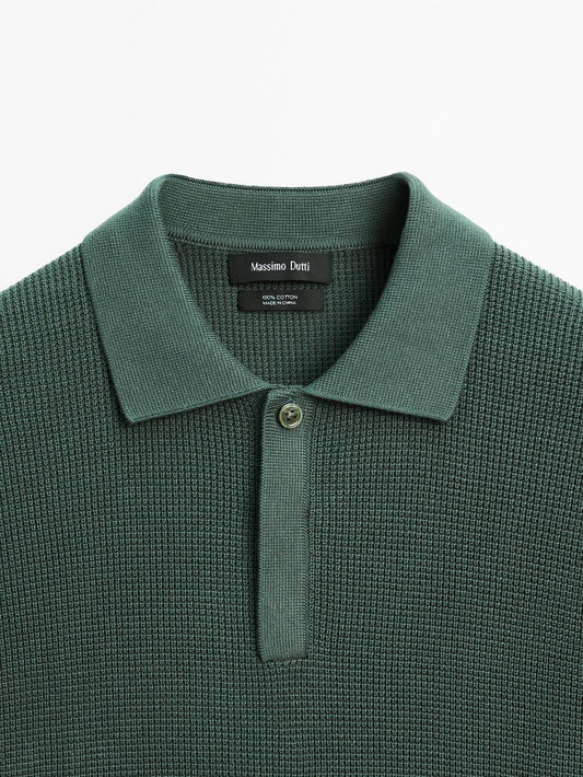 Textured cotton knit polo shirt