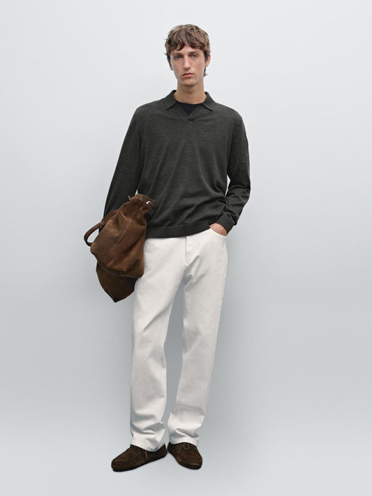 100% merino wool knit polo sweater