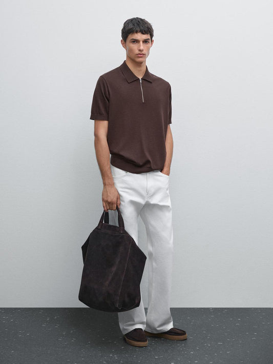 Knit polo shirt with zip collar