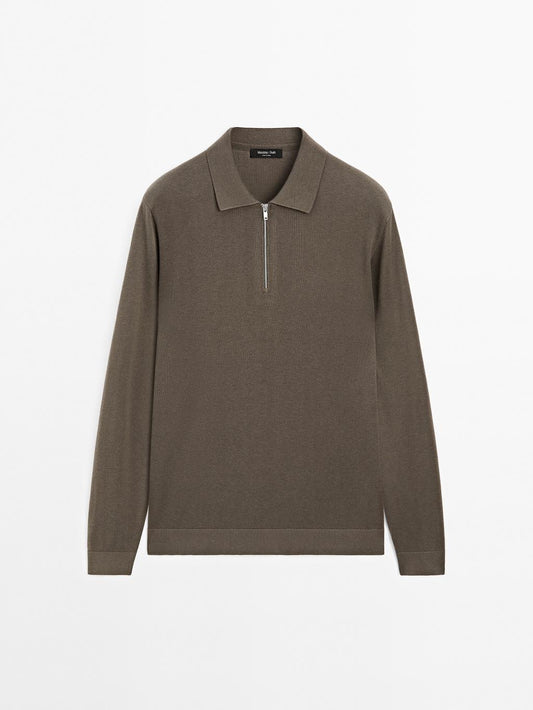 Knit polo sweater with zip