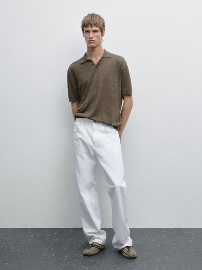 Linen blend knit polo shirt