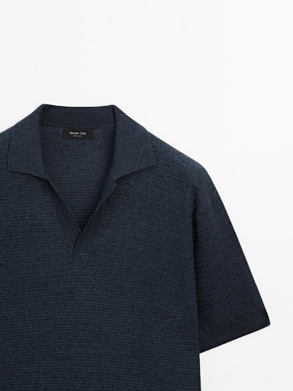 Linen and cotton knit polo shirt