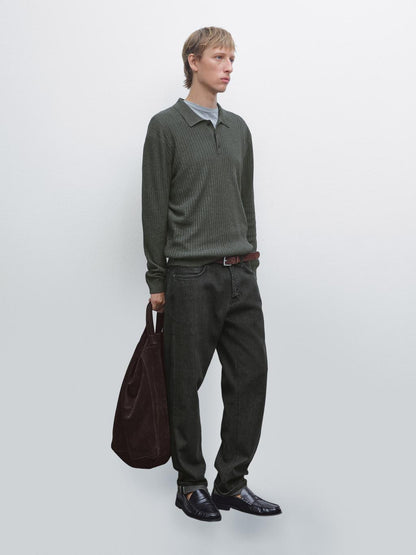 Cotton blend knit polo sweater