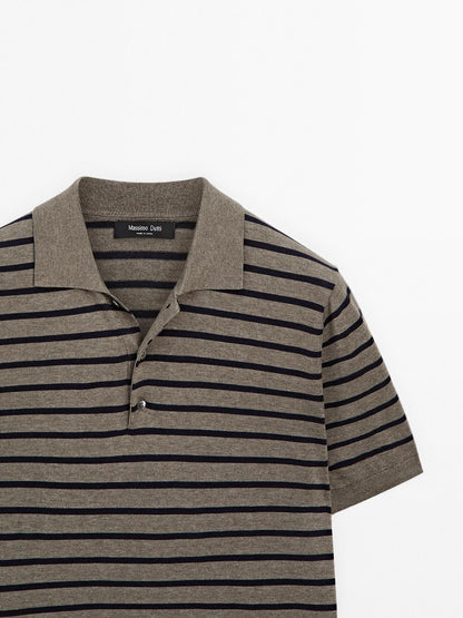 Short sleeve striped knit polo shirt