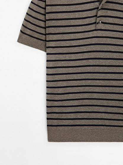 Short sleeve striped knit polo shirt
