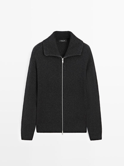 Wool blend high neck knit cardigan