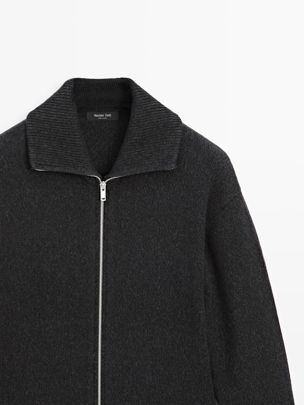 Wool blend high neck knit cardigan