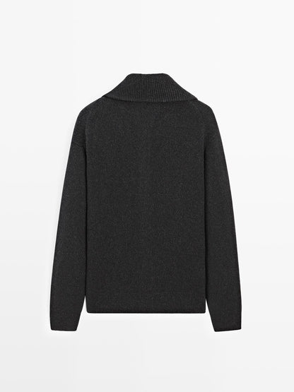 Wool blend high neck knit cardigan