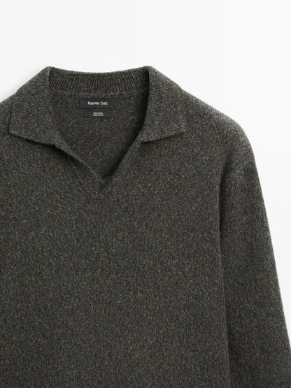Flecked V-neck knit polo sweater