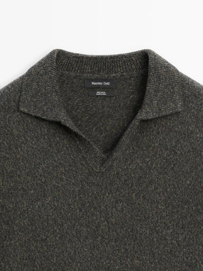 Flecked V-neck knit polo sweater