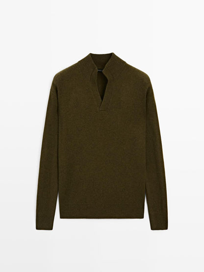 Mock neck knit sweater with V-neck