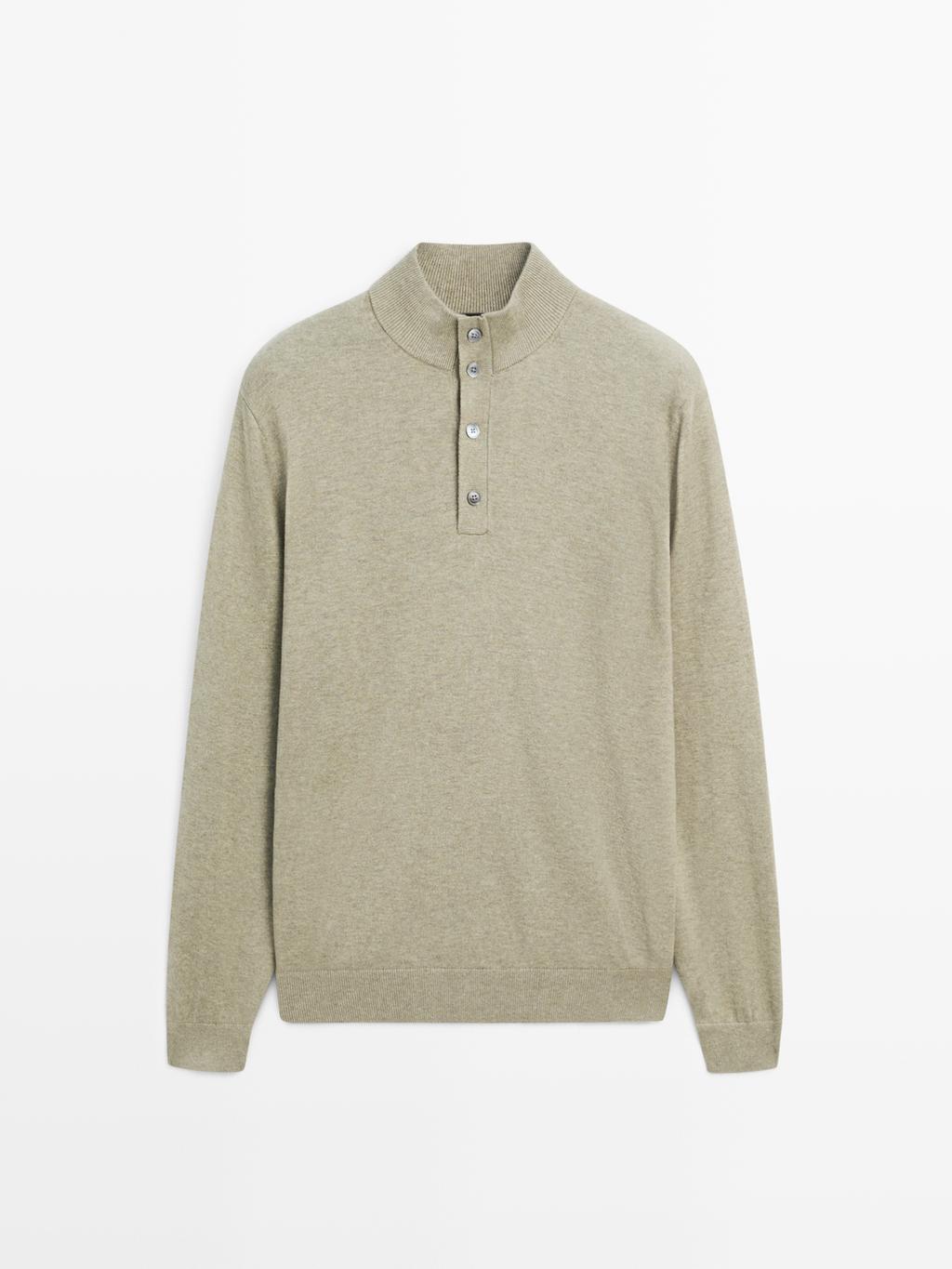 Knit sweater with mock button neck