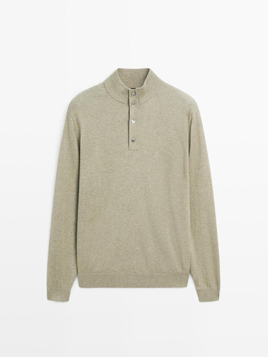 Knit sweater with mock button neck