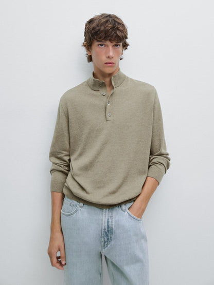 Knit sweater with mock button neck