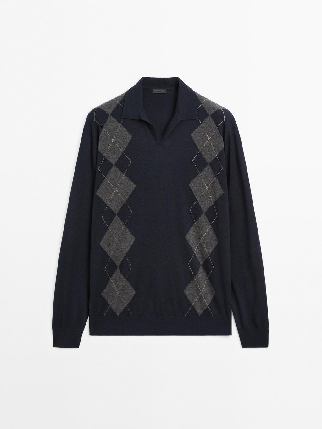 Knit wool blend argyle polo sweater