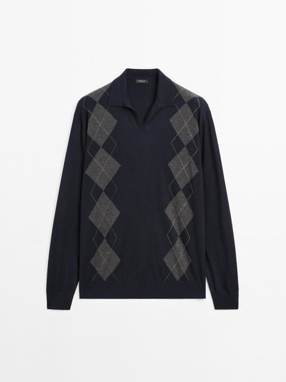 Knit wool blend argyle polo sweater