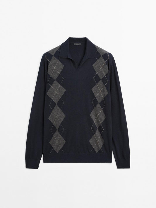 Knit wool blend argyle polo sweater