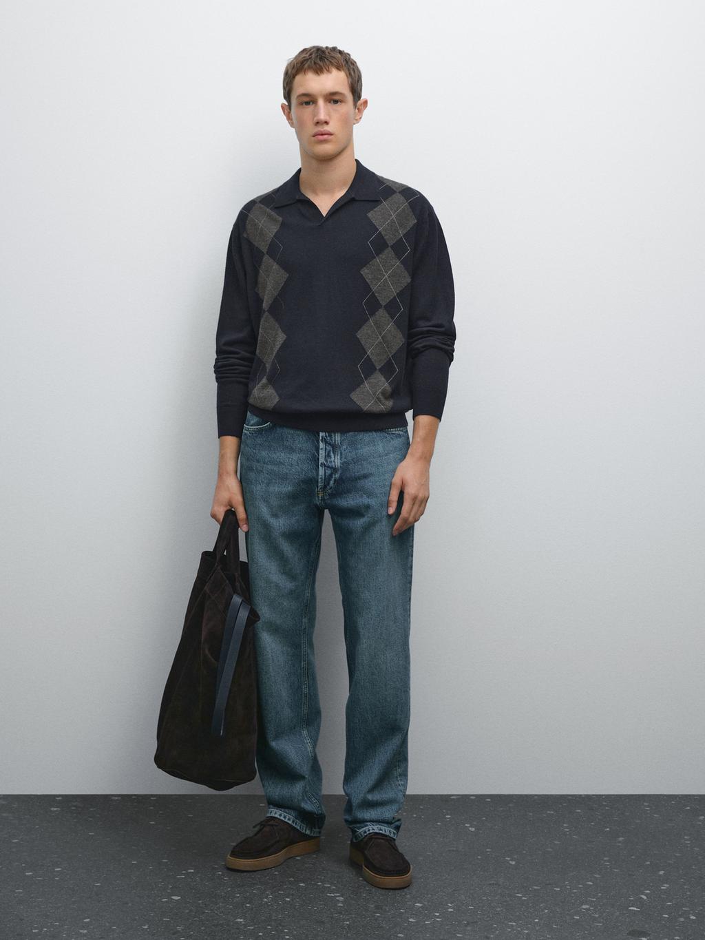 Knit wool blend argyle polo sweater