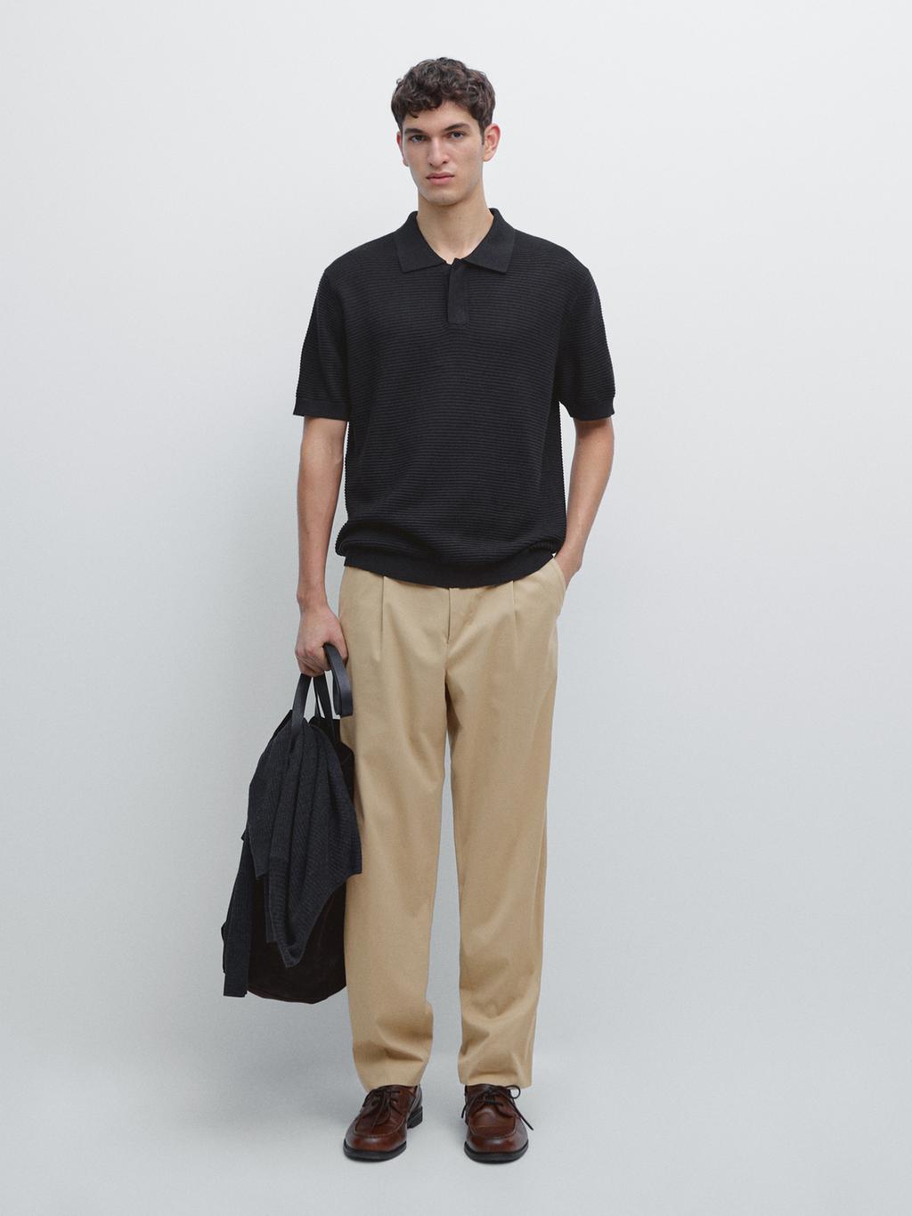 Linen and cotton blend knit polo shirt with short sleeves