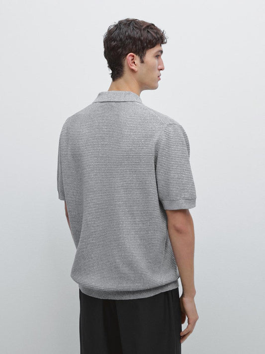 Linen and cotton blend knit polo shirt with short sleeves