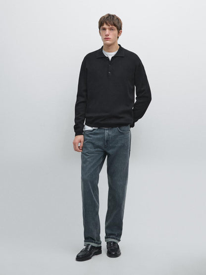 Wool and cotton knit polo sweater